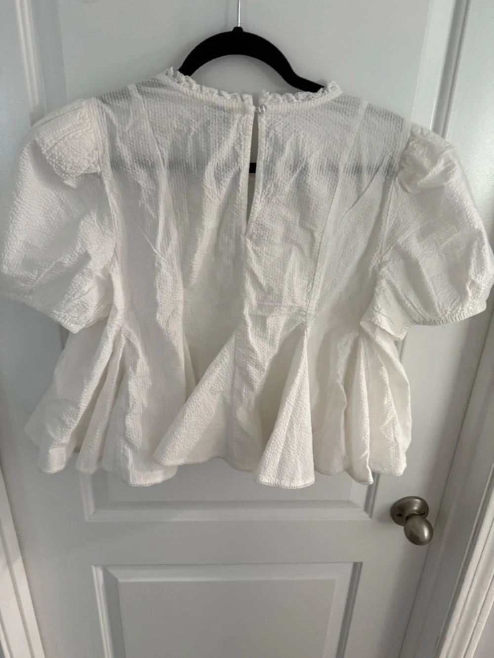 Anthropologie White Lace Yoke Puff Sleeve Peplum Blouse